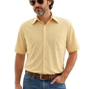 Vintage 70s Mens Large Montgomery Ward Gold Poly Knit Shirt 46 Chest